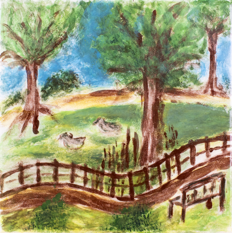 Painting of a peaceful nature scene with tall green trees, geese, a wooden fence, and rolling hills under a blue sky.