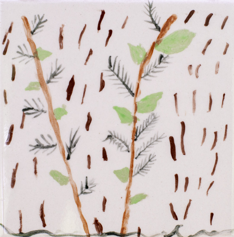 Painting of two thin branches with green leaves and small pine-like sprigs, surrounded by brown marks on a white background.