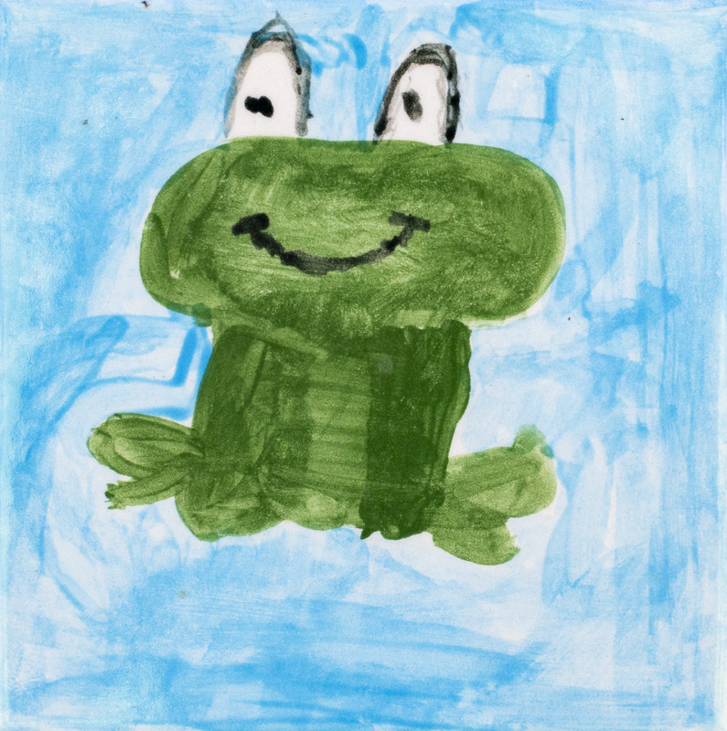 Painting of smiling frog against blue background.