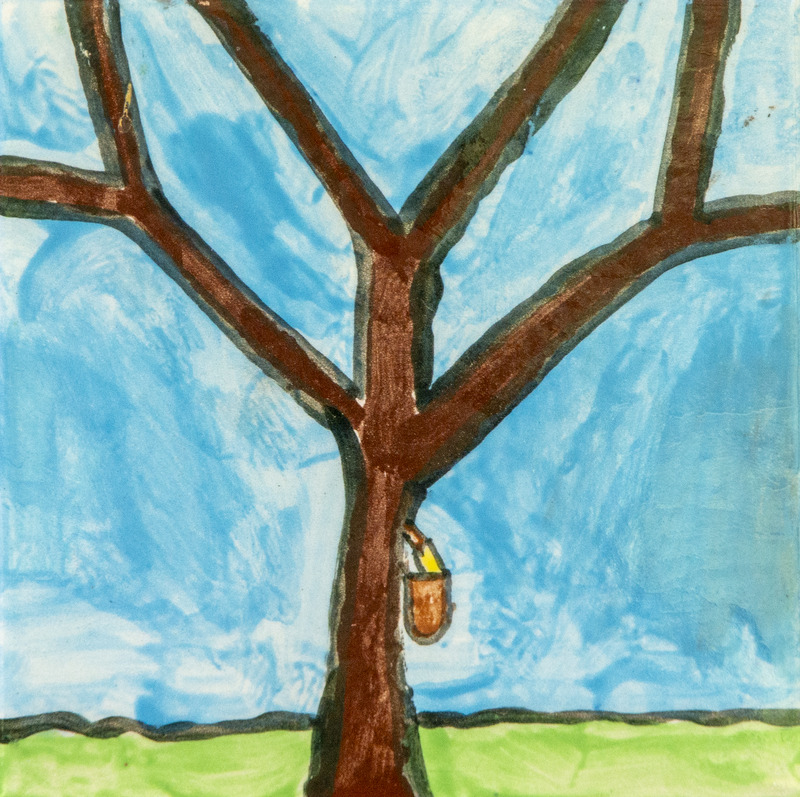 Painting of a brown tree with bare branches and a sap bucket hanging from the trunk against a blue sky and green ground.