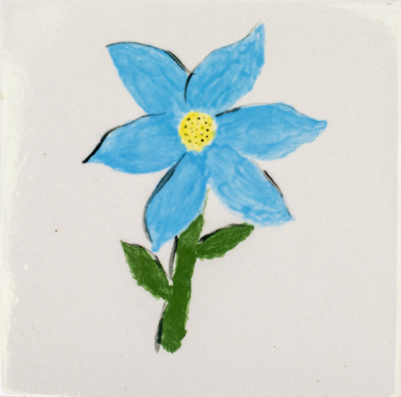 Painting of a light blue flower with a green stem and two leaves.
