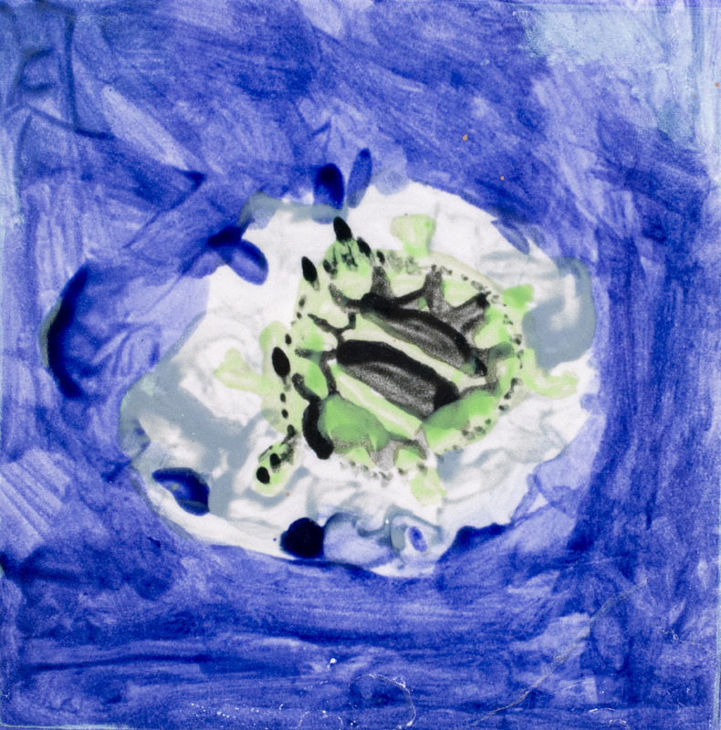 Painting of a green turtle swimming in the blue water.
