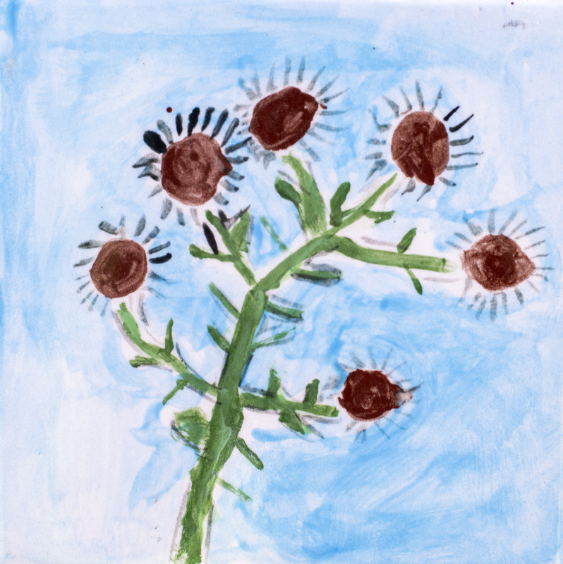 Painting of a burdock plant with several round brown burr flowers on branching green stems against a light blue background.