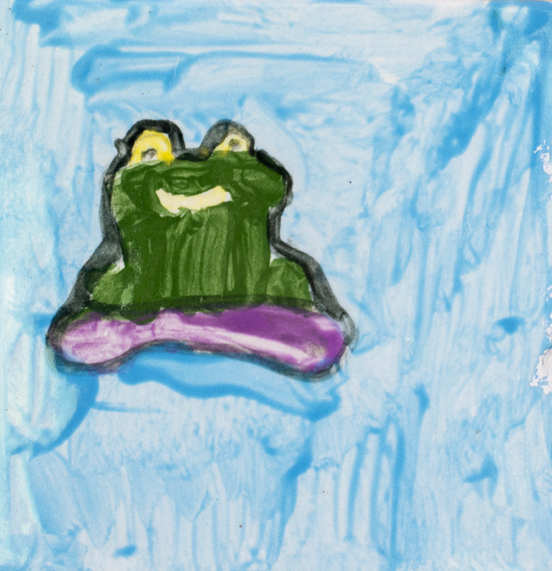 Painting of a smiling green frog with yellow eyes. It is sitting on something pink in front of a blue background.
