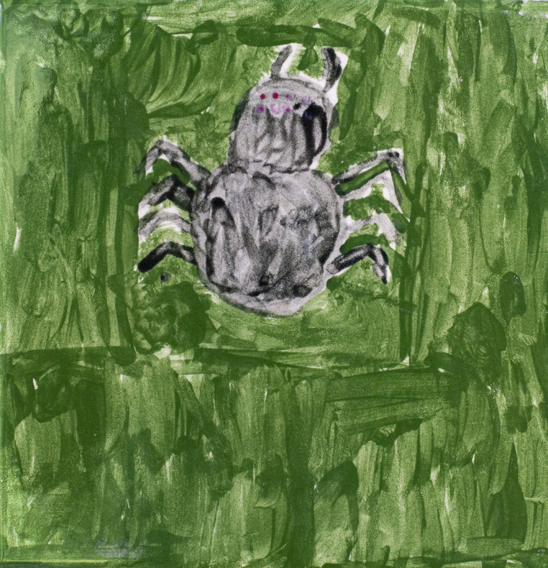 Painting of black spider with red eyes against green background.