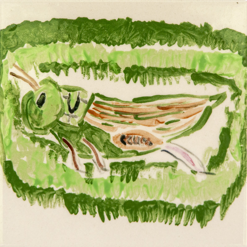 Painting of a green grasshopper resting on green grass, with detailed wings and legs outlined in brown and black.