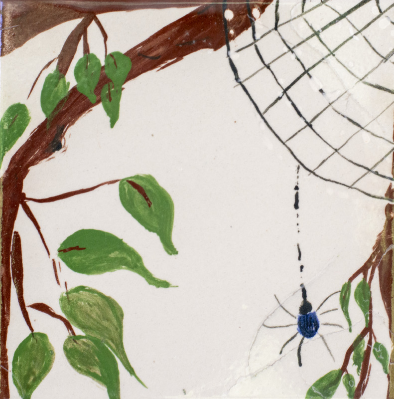 Painting of a blue spider dropping from a web and surrounded by leafy branches.