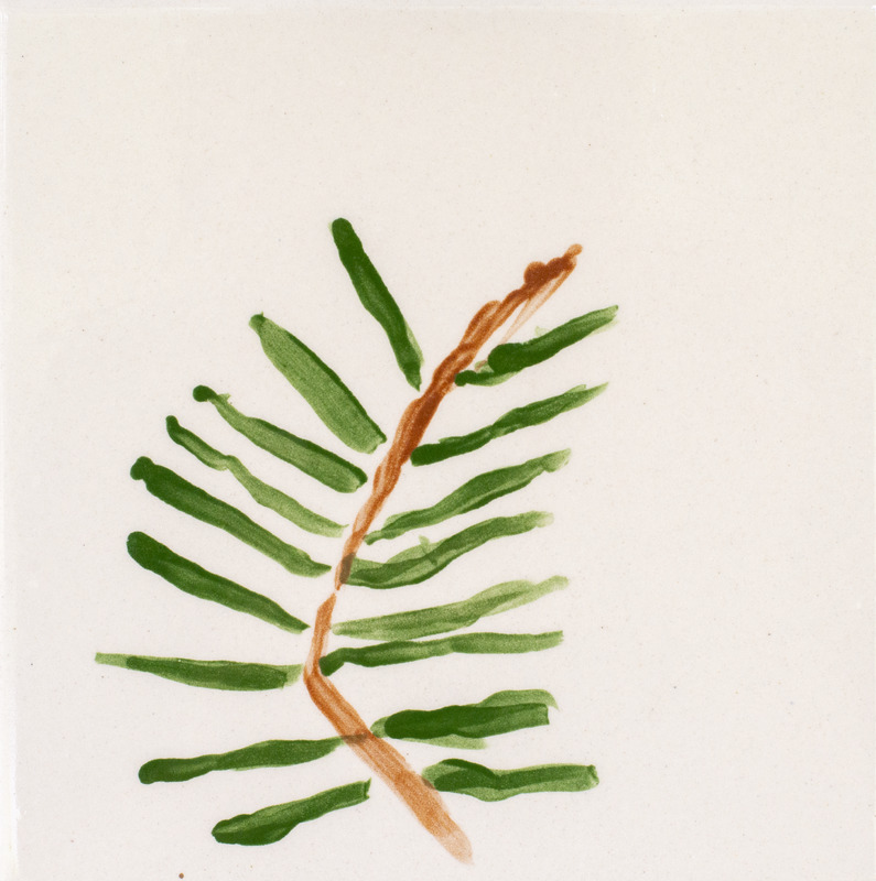 Painting of a brown pine branch with green needles over a cream-colored background.
