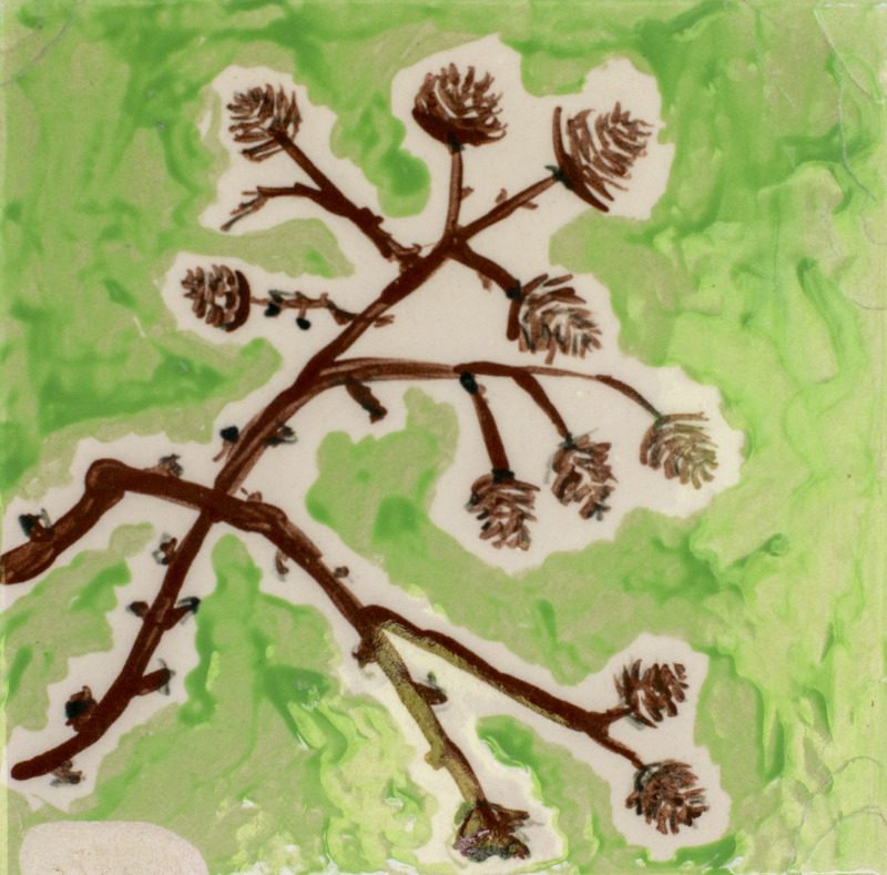 Painting of brown alder tree branches with many cones on the ends in front of a green background.