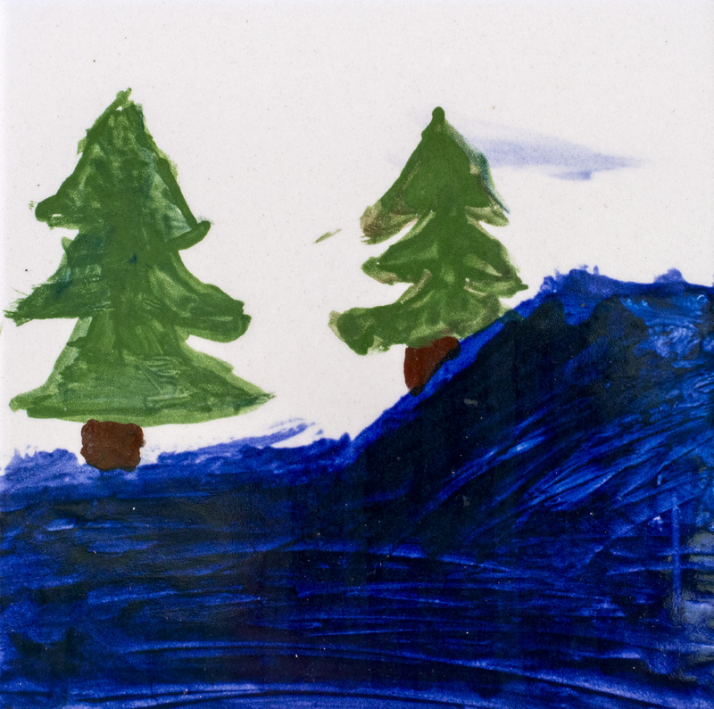 Painting of two pine trees near water.