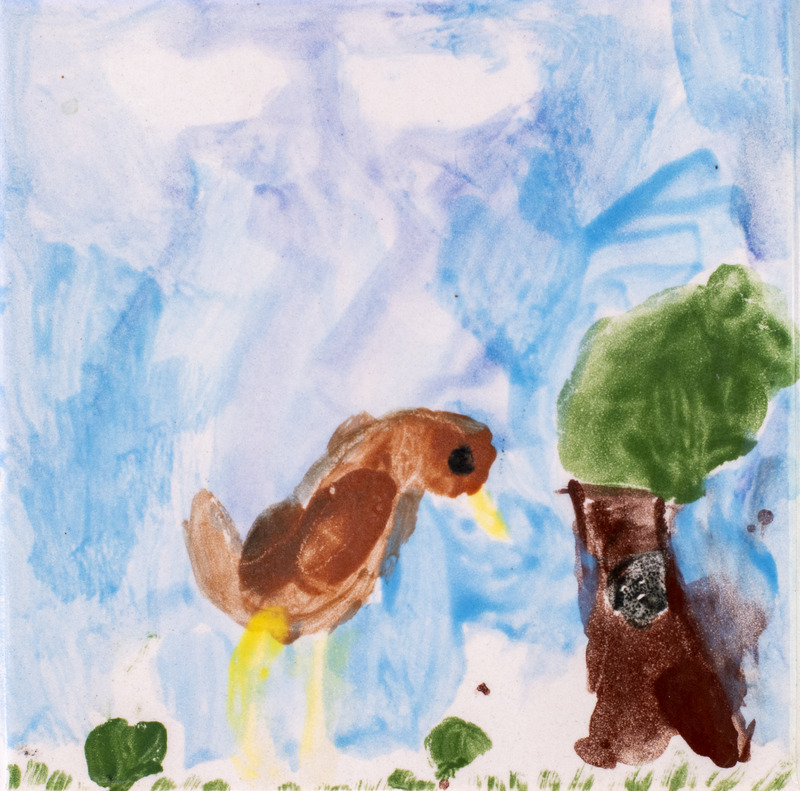 Painting of brown bird near tree against blue background.