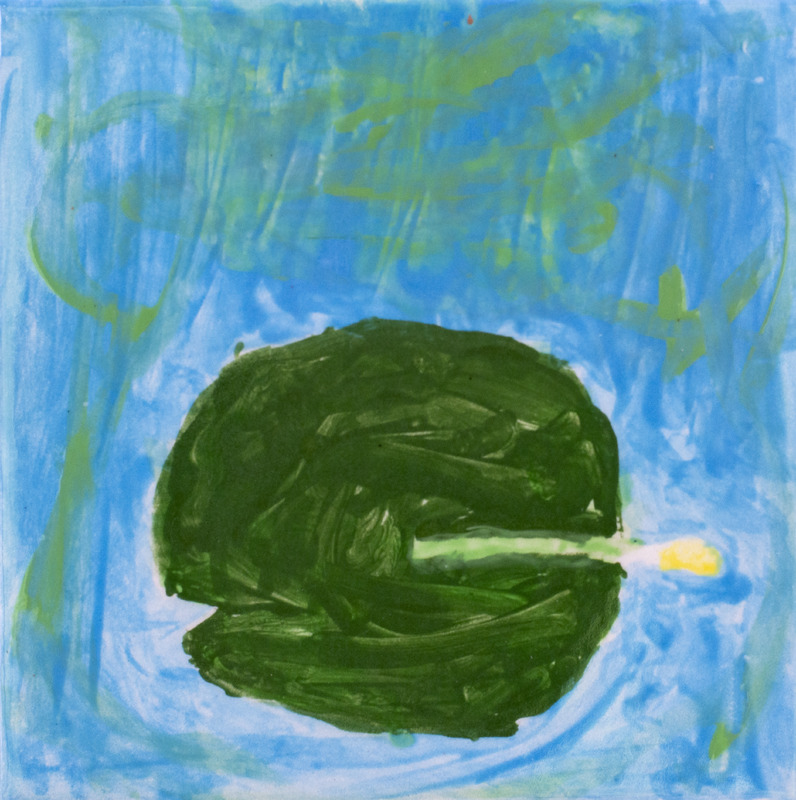 Painting of a dark green lily pad floating on blue water.