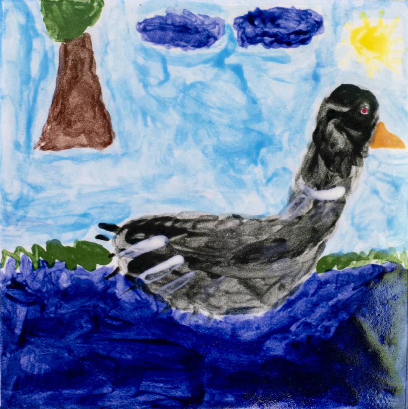 Painting of a water bird swimming on the water.