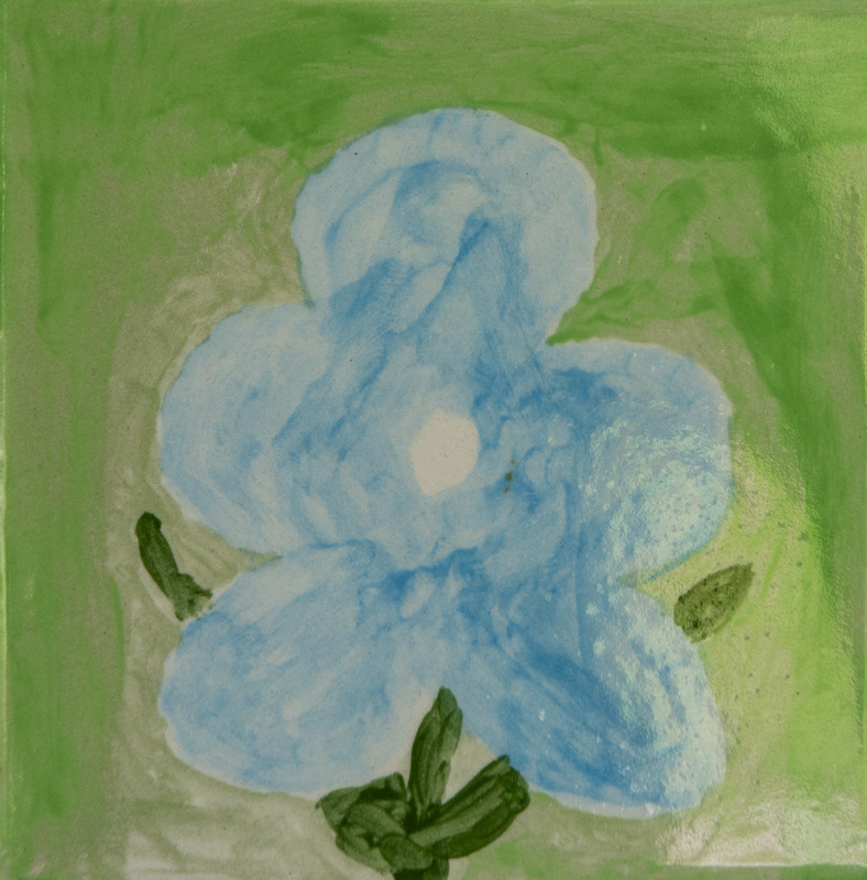 Painting of a light blue flower with five rounded petals and a white center, set against a soft green background with small leaves.