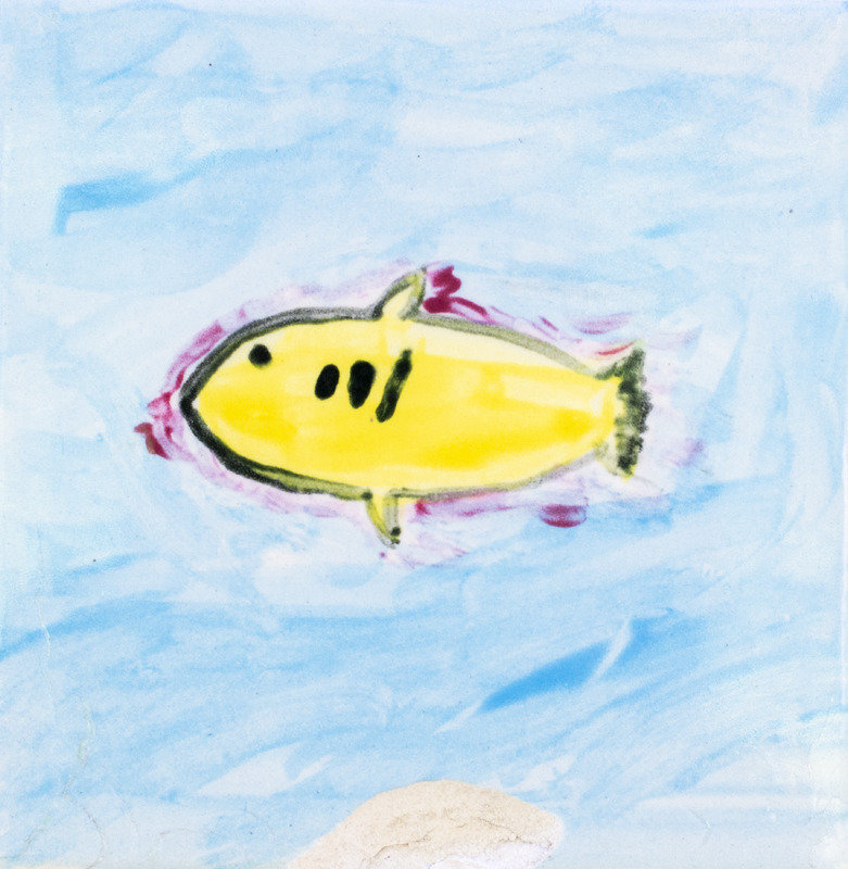 Painting of yellow fish with red outline in water.
