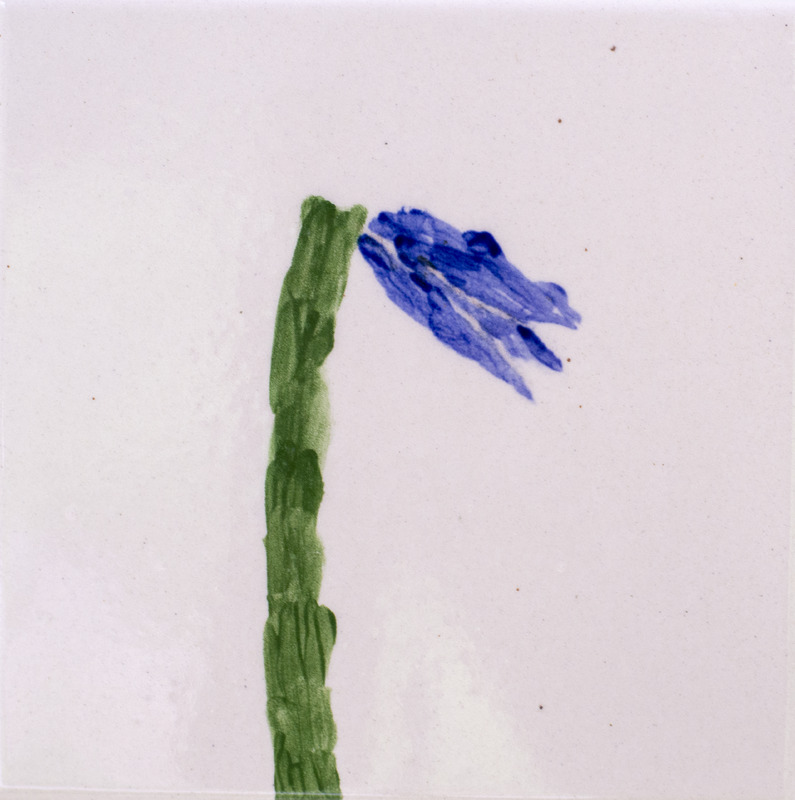 Painting of a siberian squill with a slender green stem and a small blue drooping flower at the top.