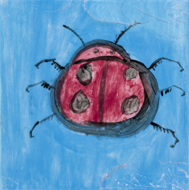 Painting of a ladybug with a blue background.