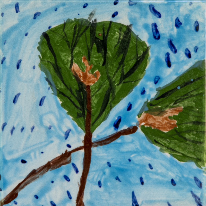 Painting of a green pine branch with two clusters of needles attached to a brown stem, set against a light blue background.
