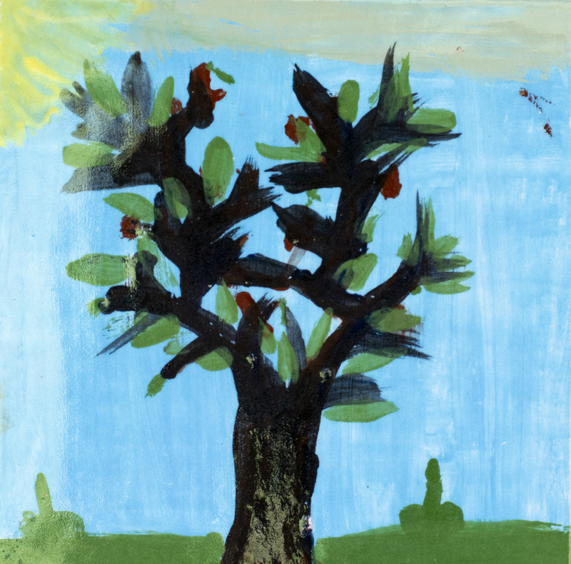 Painting of a dark brown tree with green leaves and red buds in front of a blue and green landscape.