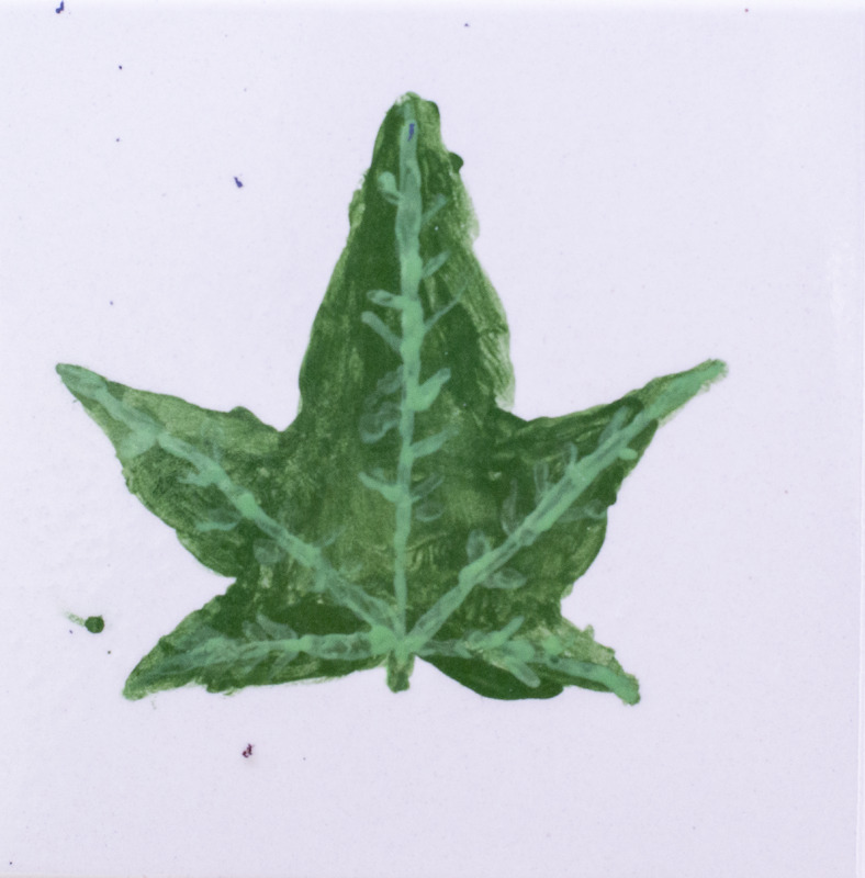 Painting of a five-pointed green leaf.