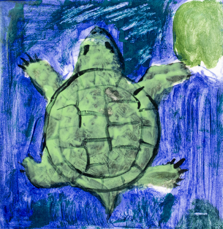 Painting of a green turtle and lilypad against a blue background.