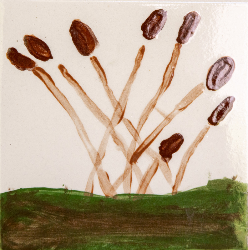Painting of tall brown cattails with long stems growing from green ground.