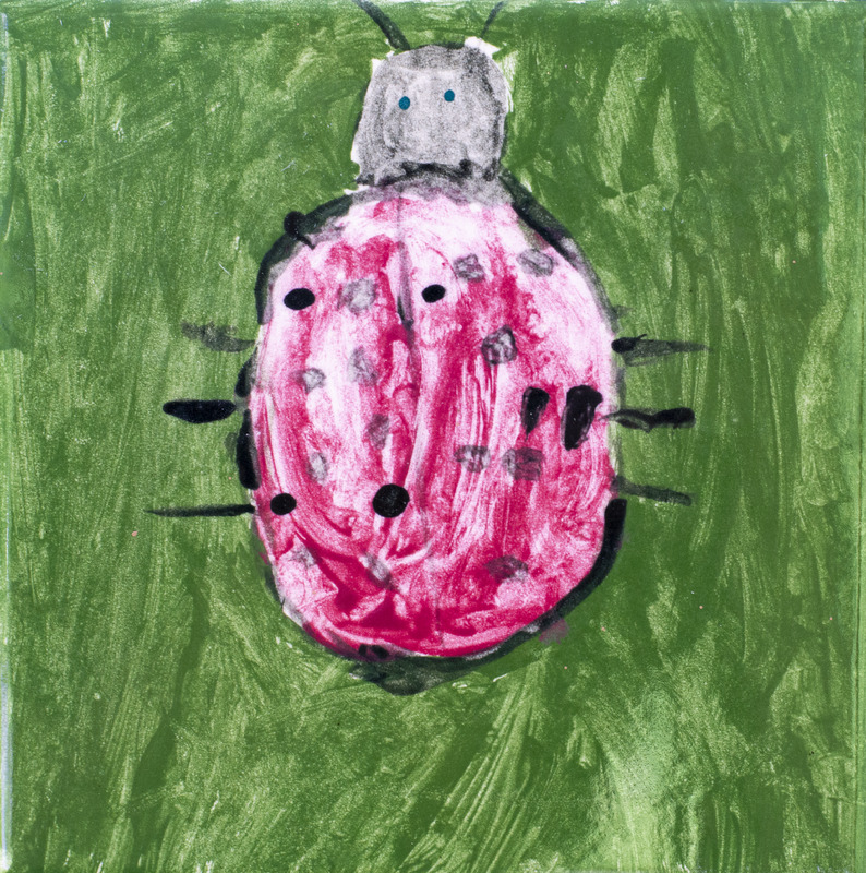 Painting of a red lady bug with dark spots and legs, drawn against a dark green background.