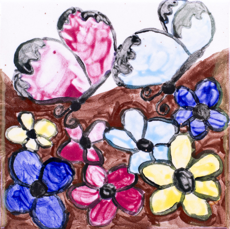 Painting of two butterflies with pink and blue wings resting on a branch surrounded by colorful flowers.