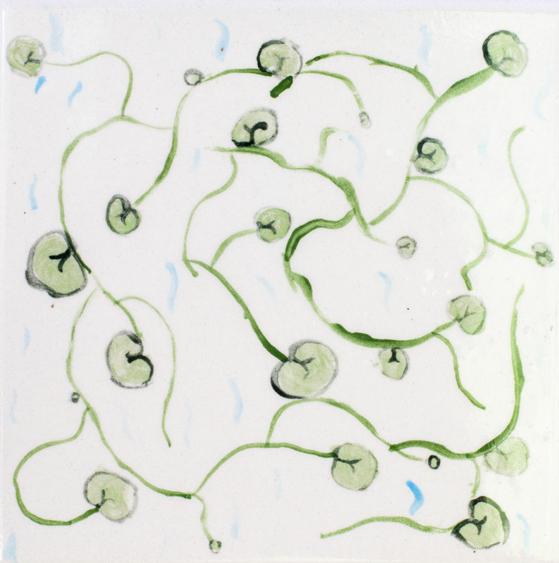 Painting of green vine with leaves against white background.