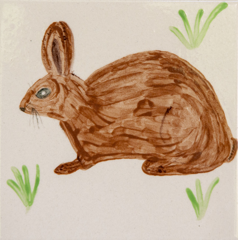 Painting of a brown field rabbit sitting among grass.