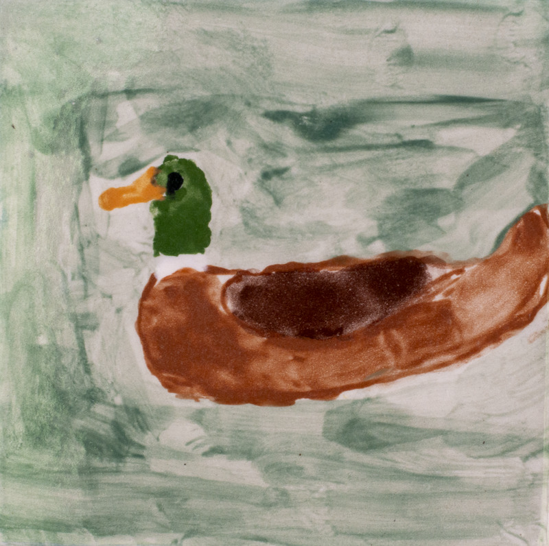 Painting of a mallard swimming in the water.