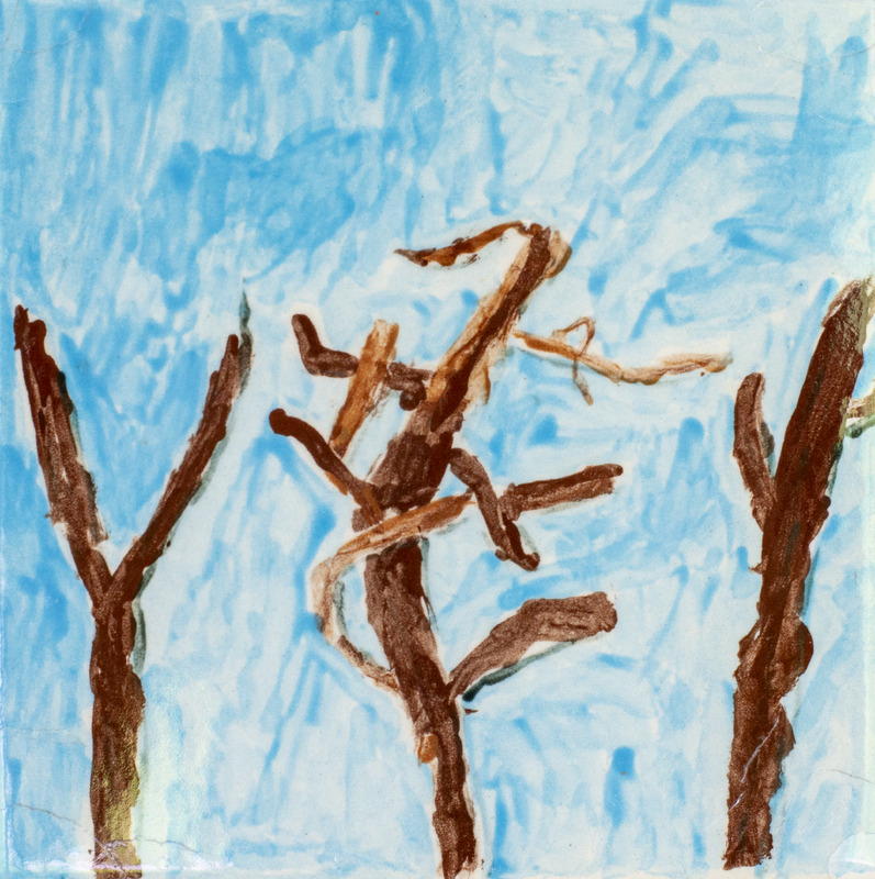 Painting of three tree branches with no leaves in front of a blue background.