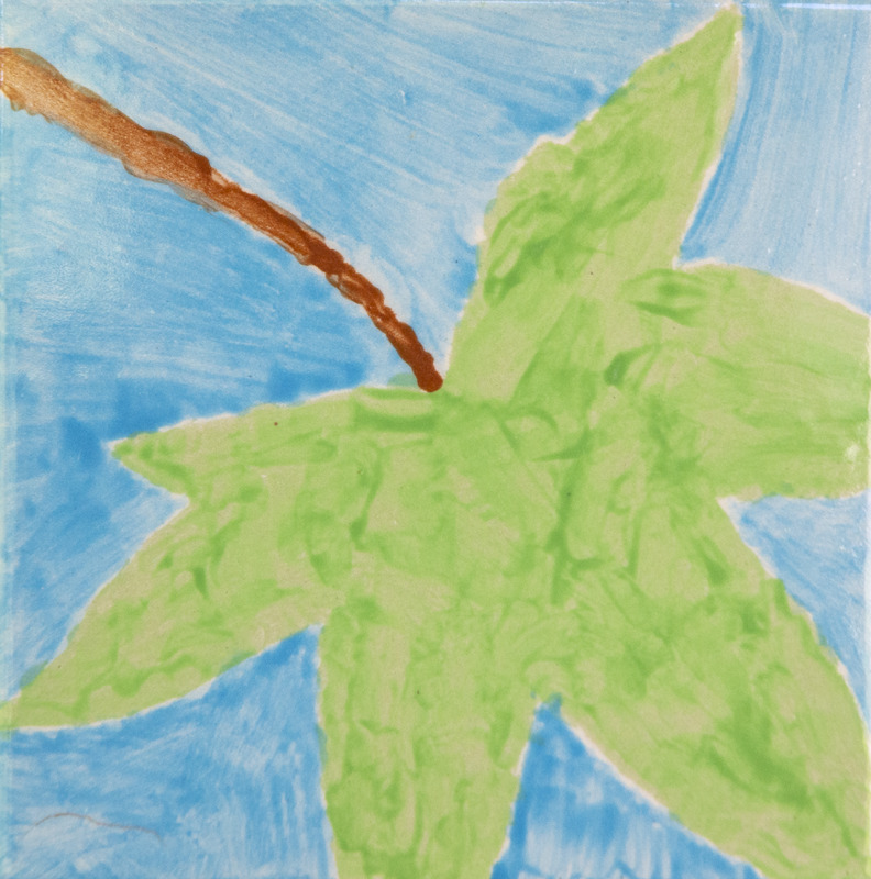 Painting of a large green leaf with pointed lobes attached to a brown stem against a blue background.