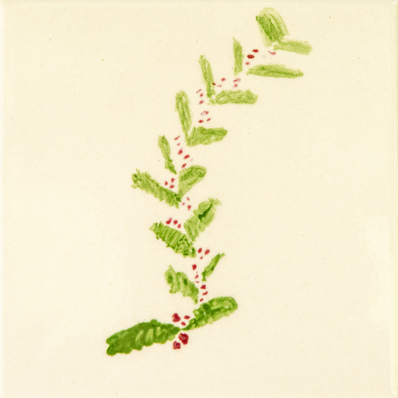 Painting of a budding twig with small green leaves and tiny red buds along the stem.