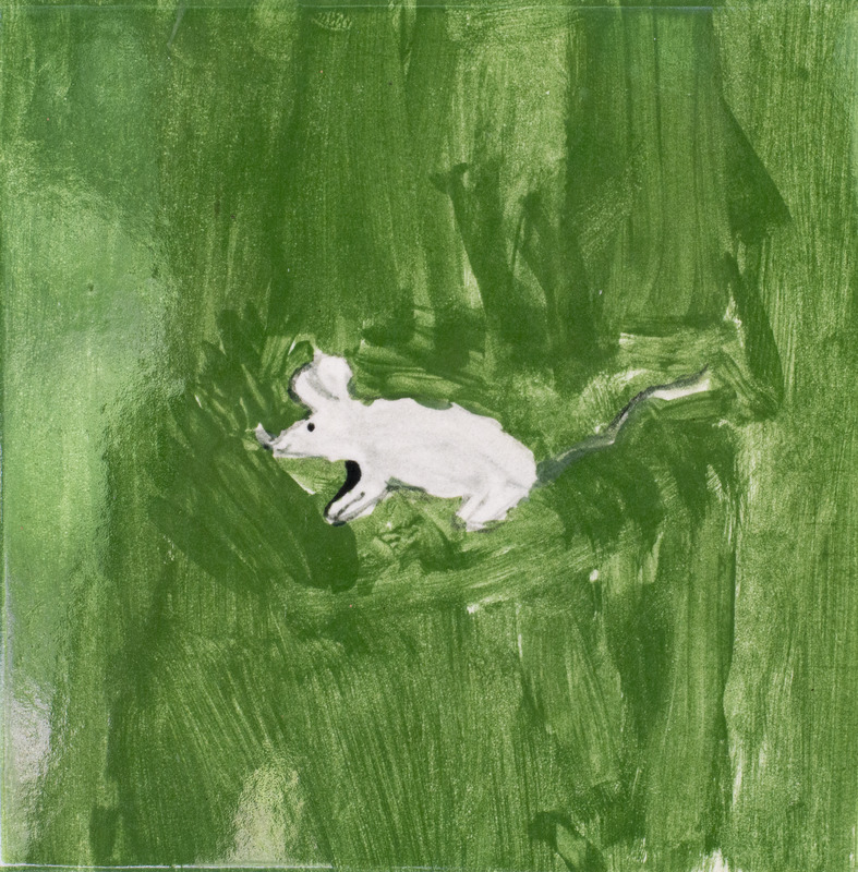Painting of a white mouse with a green background.