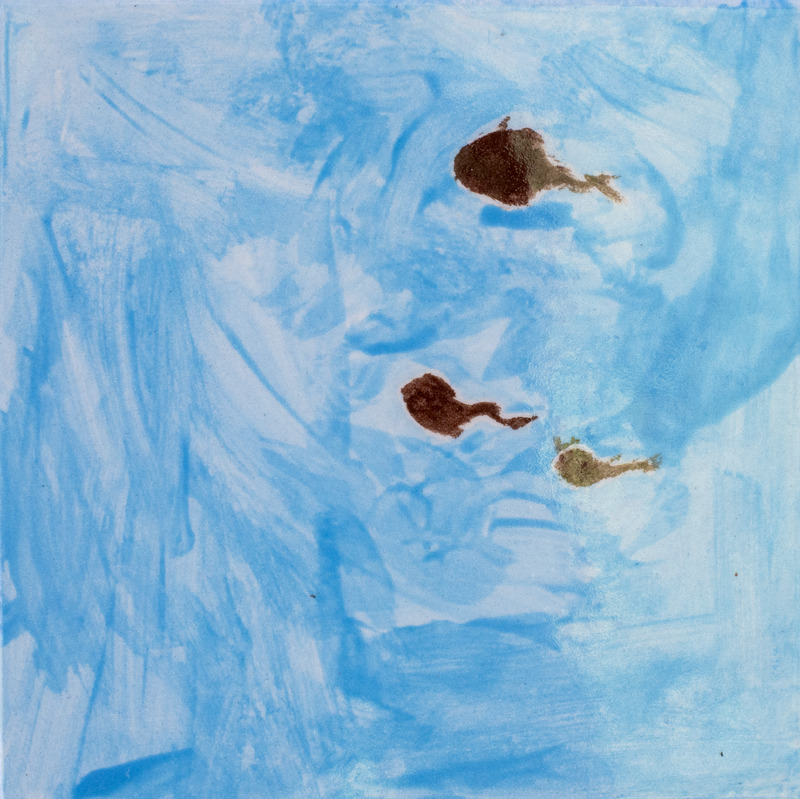 Painting of three brown tadpoles swimming in the water.