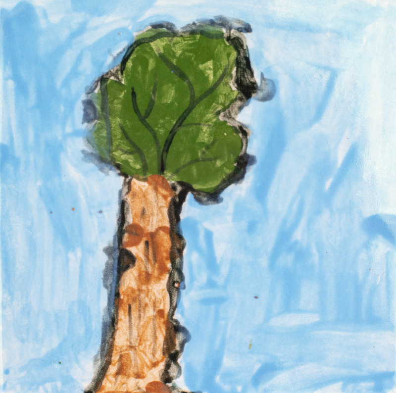 Painting of a brown tree with green leaves at the top in front of a blue sky.