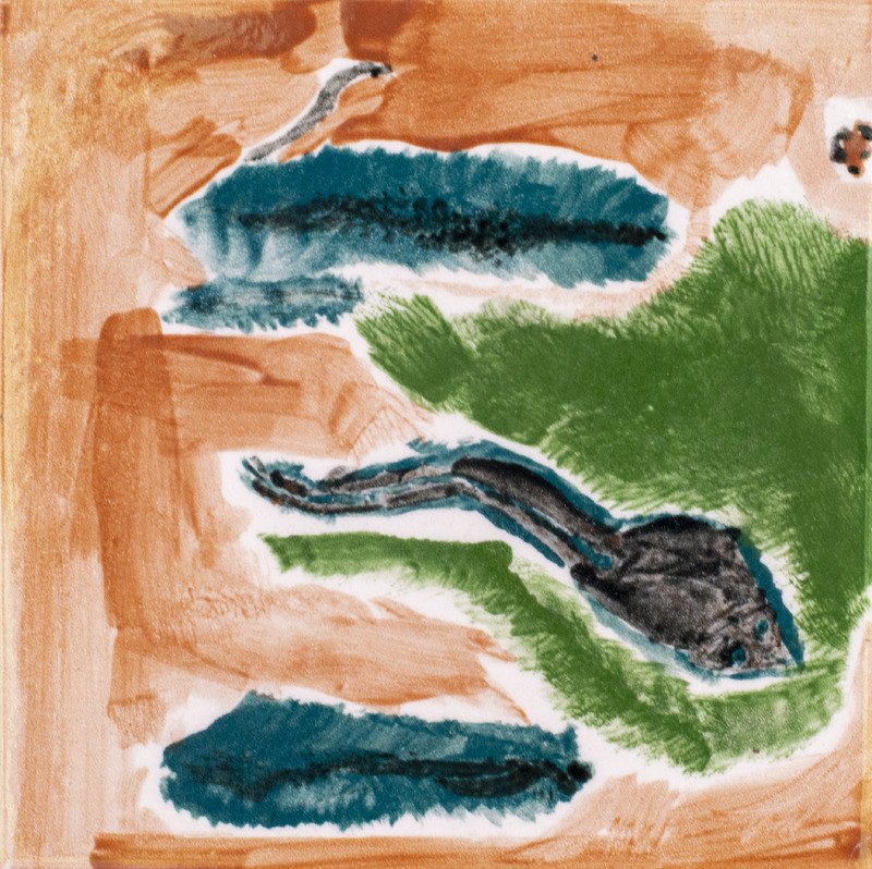 Painting of tadpoles in the water with an orange background.