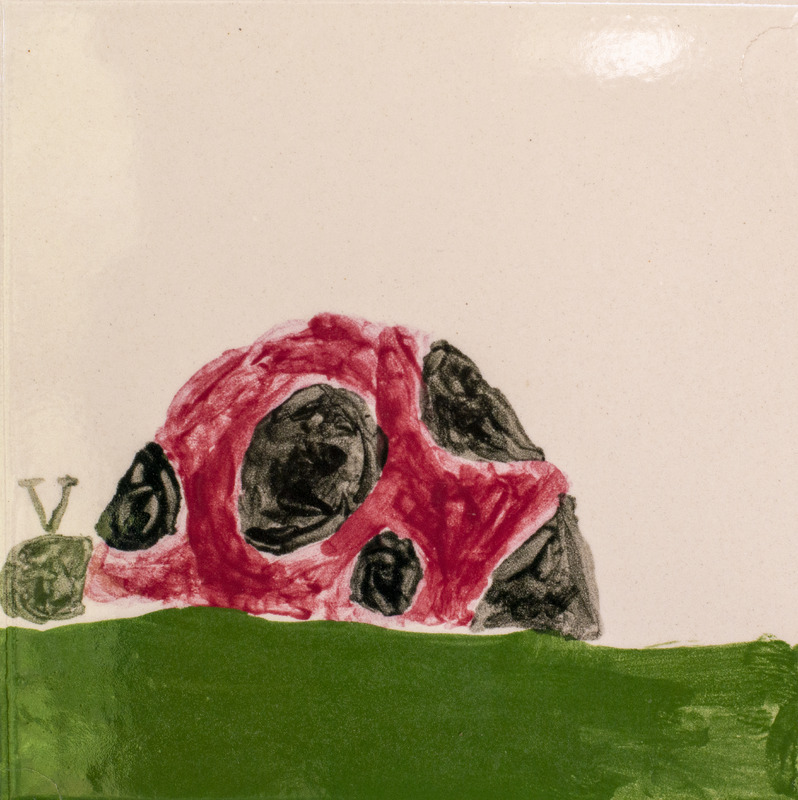 Painting of a red ladybug with black spots in a field of grass with a light background.
