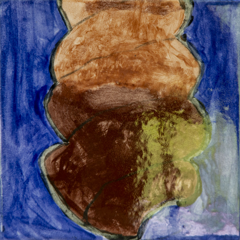 Close-up Painting of a spiral snail shell in brown and green tones against a textured blue background.