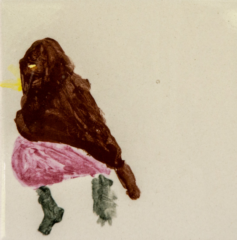 Painting of a robin with a brown body and pink chest, standing on short legs.
