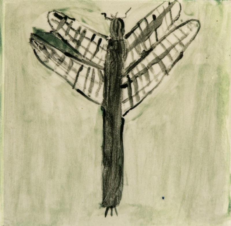 Painting of a dragonfly with long dark body and wide patterned wings.