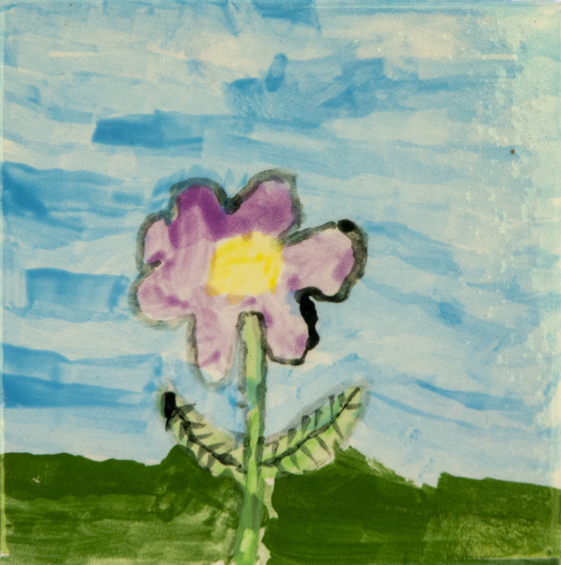 Painting of a purple flower with a yellow center, a green stem and leaves, standing on green ground under a blue sky.