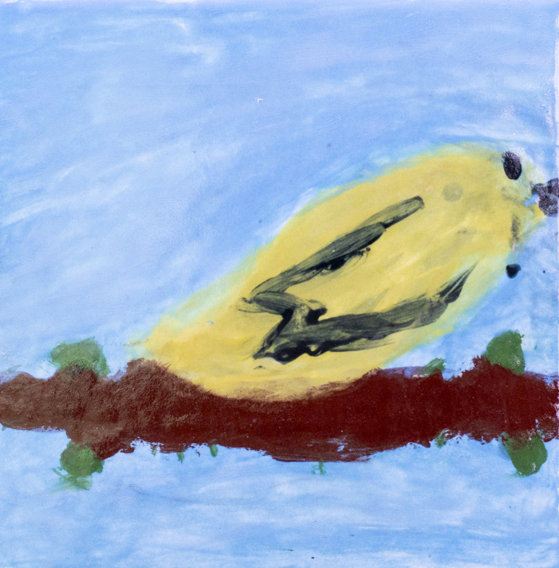 Painting of yellow bird perched on branch.