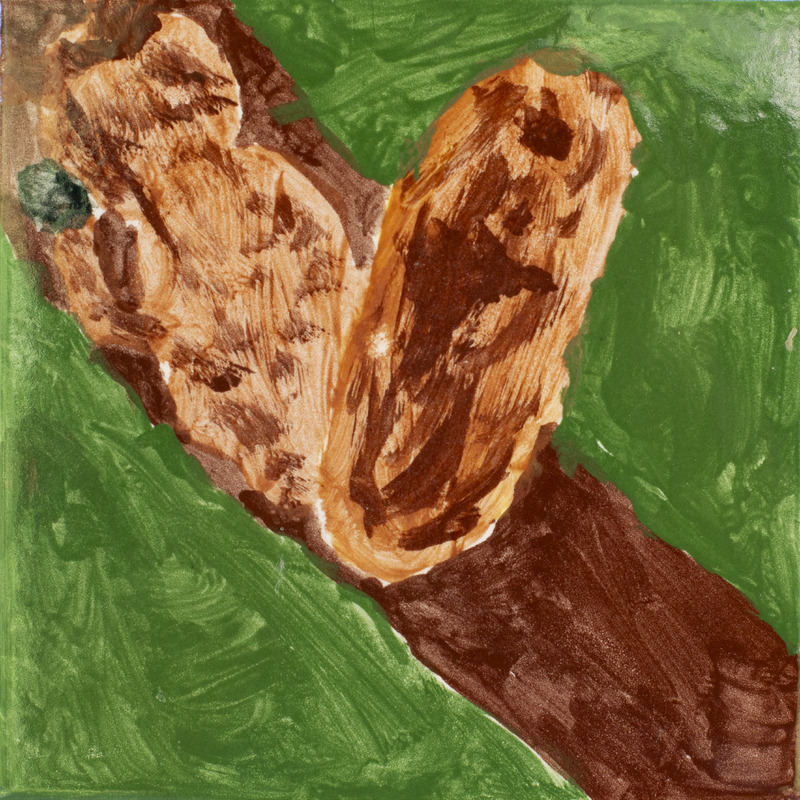 Painting of an orange squirrel sitting on a tree limb above green grass.
