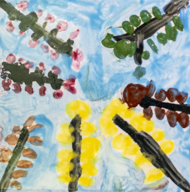 Painting of colorful branches with green leaves, pink and red blossoms, and bright yellow flowers against a blue sky background.