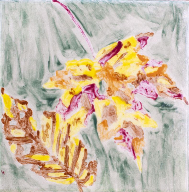 Painting of yellow and brown leaves with hints of pink on a soft green background.