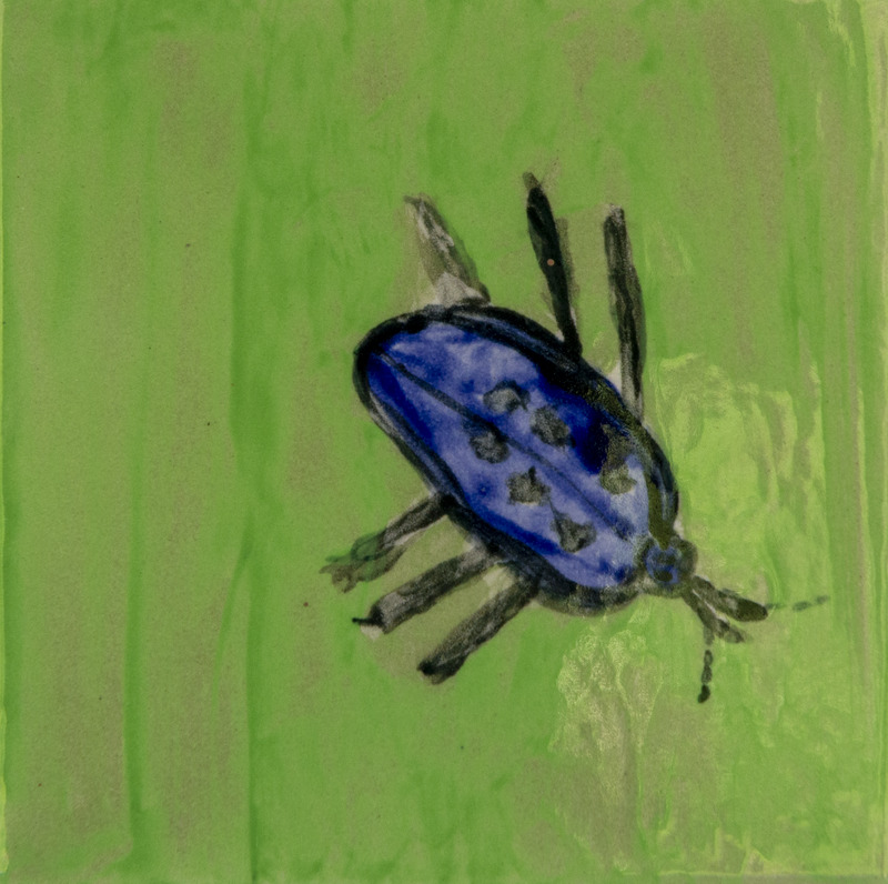 Painting of a blue ladybug with black spots and legs on a textured green background.