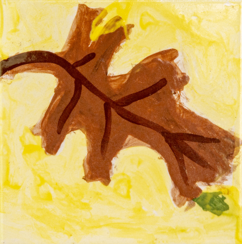 Painting of a brown oak leaf with dark veins, set against a bright yellow background.
