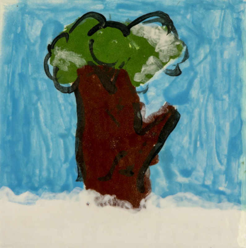 Painting of a brown tree with a green leafy top, dusted with white snow, standing against a blue winter sky.